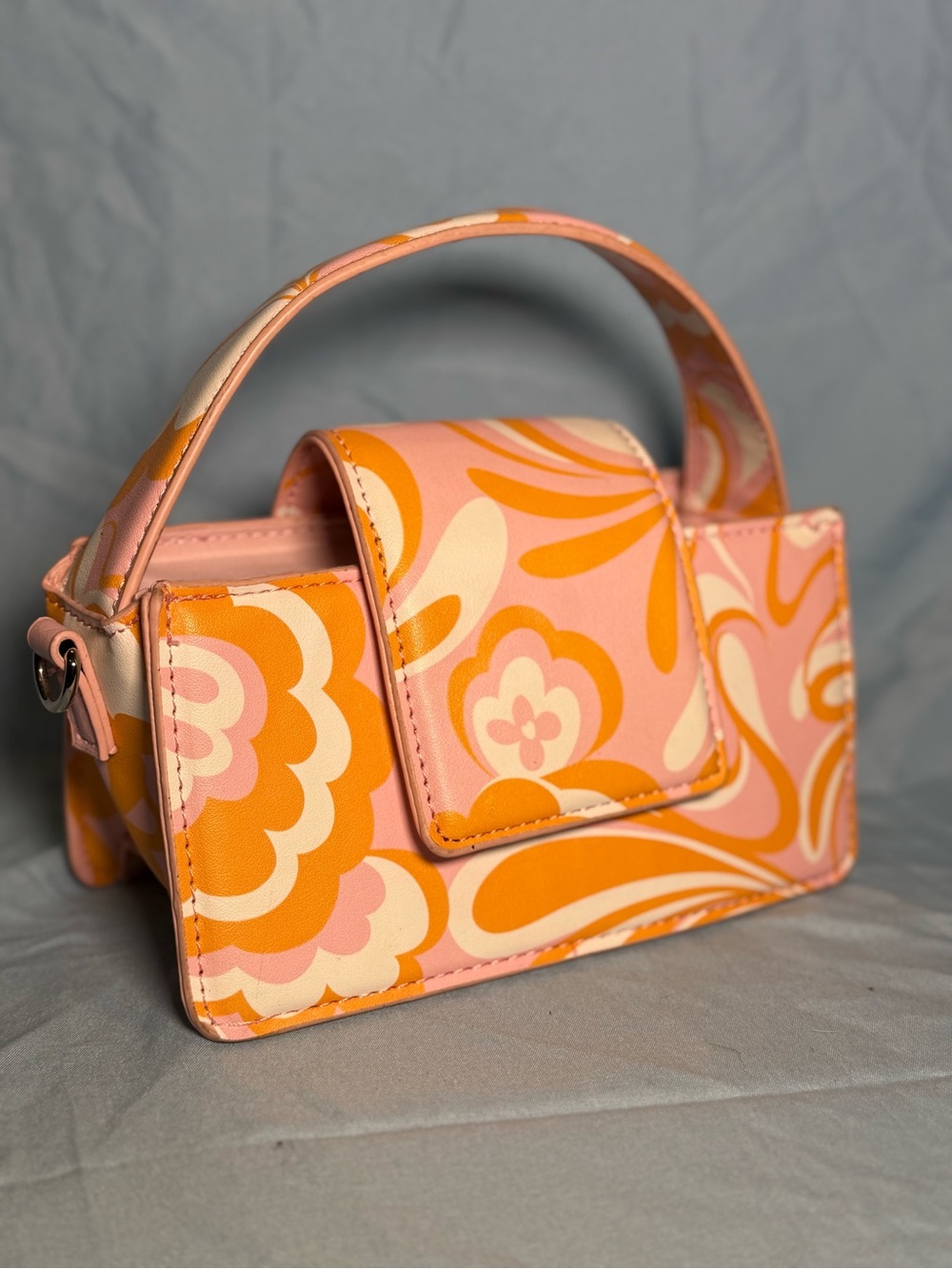 Retro Floral Print Pink and Orange Top-Handle Bag